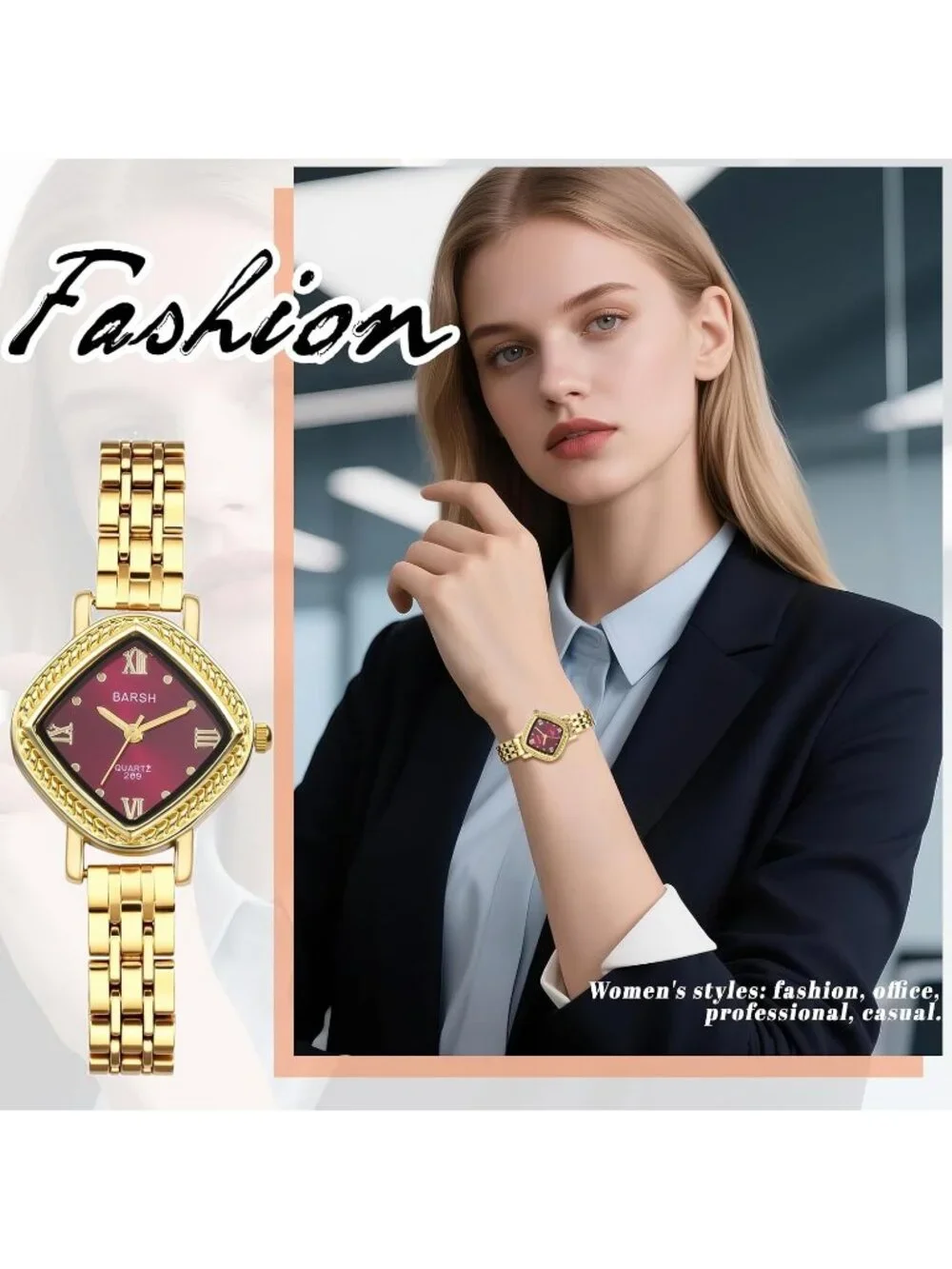 Women’s Gold Red Analog Quartz Roman Numerals Stainless Steel Band Wrist Watch